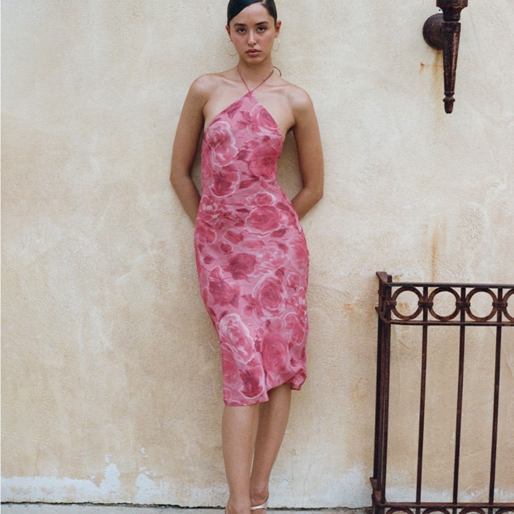 Reformation Par Pink Floral Halter Midi Dress